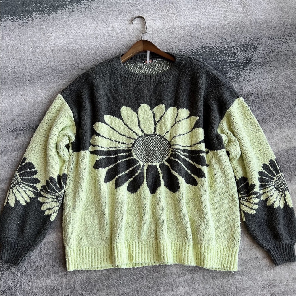 Free People Olive Green and Light Lime Floral Turtleneck Sweater - Picture 4 of 6